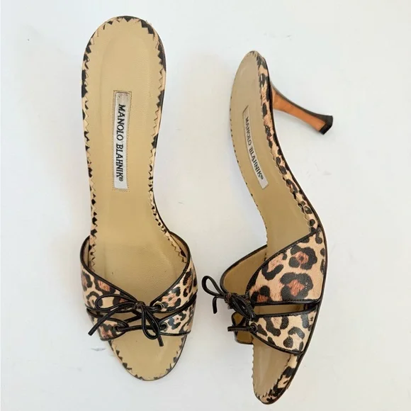 Manolo Blahnik Leopard Leather Lace-Up Mule Kitten Heel Sandals EU 40 Y2K - Picture 1 of 9